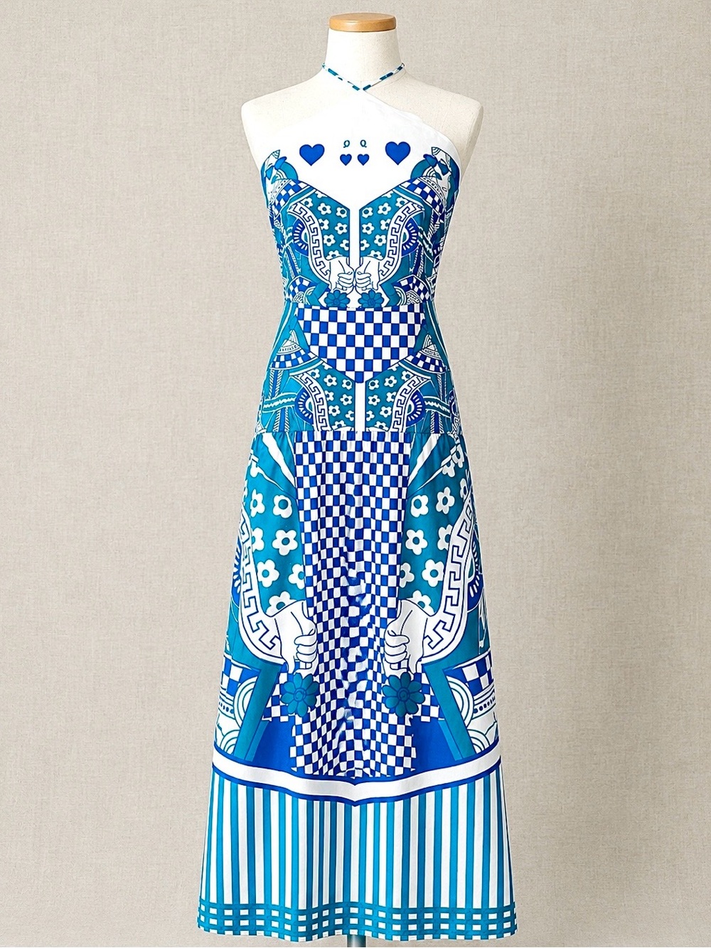 Celina Moon Mediterranean Print Halter Maxi Dress 100% Cotton Blue White Size M